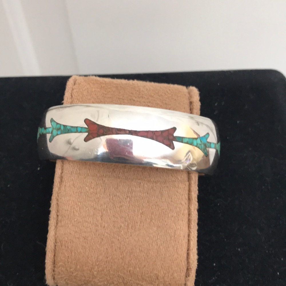 Navajo SS Cuff w/Inlaid Turquoise & Coral Mosaic